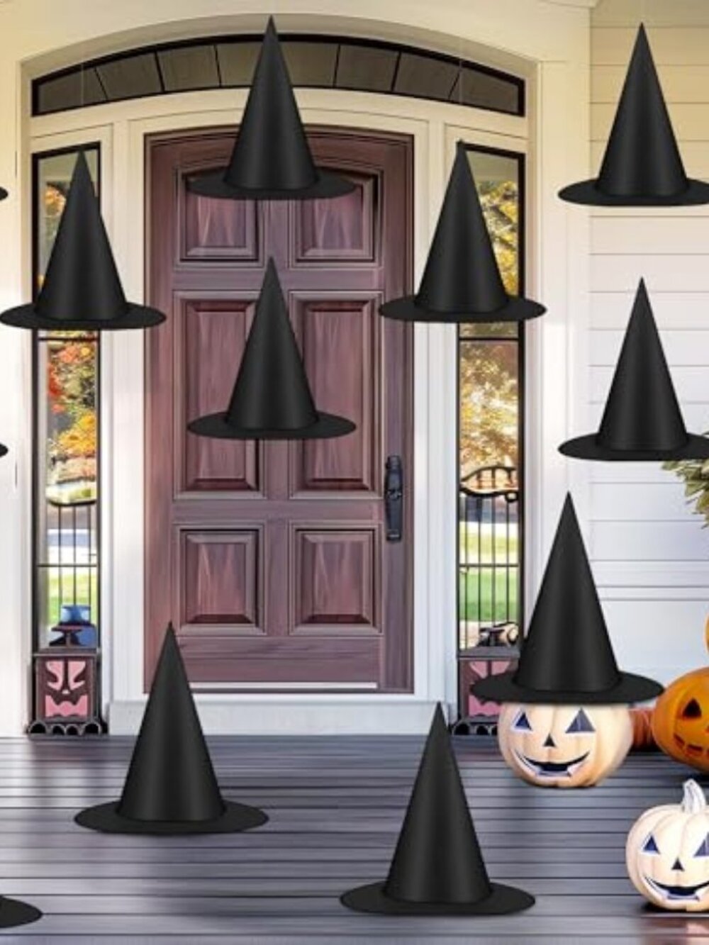 12 PCS Halloween Witch Hats, Black Hanging Witch Hats Porch Yard Decor